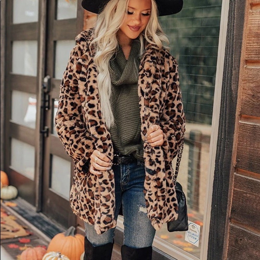 Leopard Print Pocket Coat Faux Fur Jacket - Picture 6 of 13